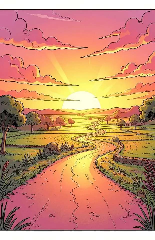 A village road at sunset leading towards the horizon
